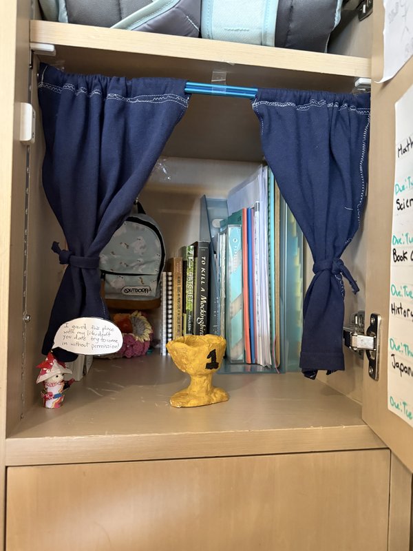 Yidi's award-winning locker with handmade blue curtains