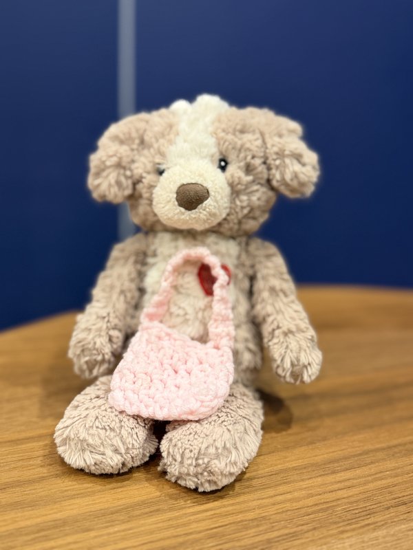 Dog with tiny pink crochet bag